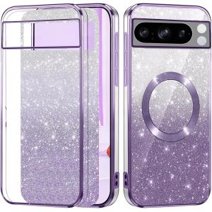 ELVORIX-ESONG Magn&eacute;tique Paillettes Coque Google Pixel 8 Pro,Etui Fine Transparente Esth&eacute;tique Brillant Glitter Compatible avec MagSafe pour Femmes,Housse Mince Clear,Case Silicone Violet - Neuf