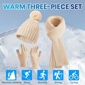 3 Pièces/Ensemble Ensemble De Gants D'écharpe De Chapeau D'hiver Unisexe Tricoté Épais Chaud Extensible Haute Sensibilité Écran Tactile En Peluche Boule Décor Cyclisme Extérieur Doublé Polaire Ensemble De Bonnet De Protection Complète-Beige - Neuf