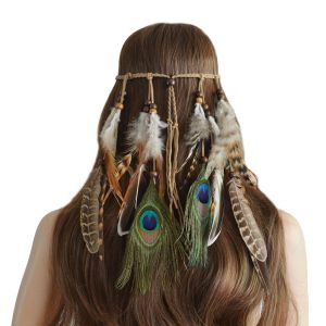 Bandeau Bohème En Plumes De Paon Marron, Style Indien, Style Gitane, Hippie, Festival, Fête, Pour Femme - Neuf