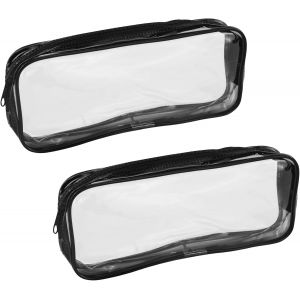 MAA-Lot de 2 trousses à crayons transparentes rondes en PVC transparent pour femmes et étudiants - Trousse à pinceaux d'école - Trousse de toilette - Trousse à crayons (noir), Noir , Trousse ronde en - Neuf
