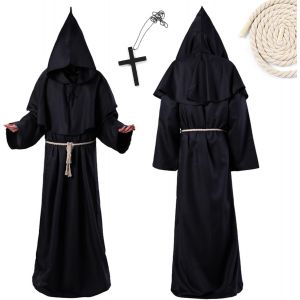 Trahoo-Deguisement Moine, Capuche Robe De Moine, Déguisement De Prêtre, Médiéval Renaissance Moine Costume Robe, Costume Robe De Prêtre Halloween Avec Collier Croix Pour Carnaval Cosplay - Neuf