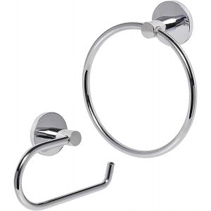 FEW-Porte Papier Toilette et Anneau Porte Serviette Lot de 2, Acier Inoxydable Porte-Serviette Salle de Bain & Derouleur Papier Toilette Murale, Accessoires Salle de Bain avec Vis Kit, Chrom&eacute; - Argen - Neuf