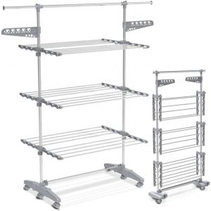 KGABERY-Séchoir À Linge Pliable Avec Roulettes Grande Capacité Etendoir En Acier Inoxydable Ailes Pliables Sur 3 Niveaux 23M De Séchage Pour Usage Intérieur/Extérieur - Neuf