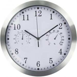 TZF-Quartz Ronde Horloge Murale, Aluminium Silencieuse Int&eacute;rieur Murale Horlog vec Thermom&egrave;tre Et Hygrom&egrave;tre pour Salon Cuisine Bureau (Argent&eacute;) - Neuf