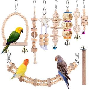 Ensemble De 9 Jouets Pour Oiseaux En Bois Naturel Avec Échelle, Balançoire, Cloches, Etc. - Neuf