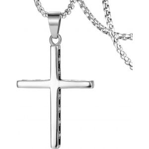 Kal-Collier Croix Pour Hommes Garçons Femmescollier Pendentif Croix Punk En Acier Inoxydable, Collier Pendentif Croix En Argent, Cadeau - Neuf
