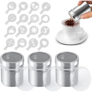 Cmws-3 Pièces Saupoudreurs En Acier Inoxydable Avec Couvercle Avec 16 Moules Pour Moulin À Sucre En Poudre, Saupoudreur De Cacao, Cappuccino, Saupoudreuse À Sucre En Poudre - Neuf