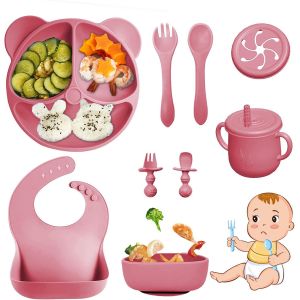 Kal-Coffret Repas Bebe 9 Pi&egrave;ces, Vaisselle Antiderapant Pour B&eacute;b&eacute; Set Silicone Avec Ventouse Assiette Bol Fourche Cuill&egrave;re Bavoir Et Tasse, Assiette Enfant Set, Sans Bpa (Rose Fonc&eacute;) - Neuf