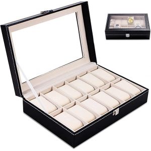 KALANKA-Bo&icirc;te de rangement pour montres, avec 12 compartiments, couvercle de rangement avec miroir, coussin amovible, fermeture en m&eacute;tal (30 x 20 x 8 cm) - Neuf