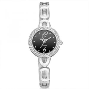 Femmes Femme Quartz Mouvement Montre Alliage Boîtier Rond Analogique Strass Montre-Bracelet Argent Noir - Neuf