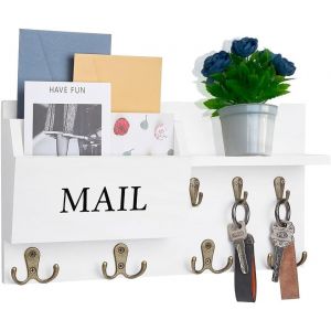Porte-Courrier Mural et Porte-Clés avec 7 Crochets pour Clés, Plaque à Clés Murale Avec Étagère et 2 Trieuse, Rangement Pour Clés et Lettres pour Entrée, Couloir, Blanc - Neuf