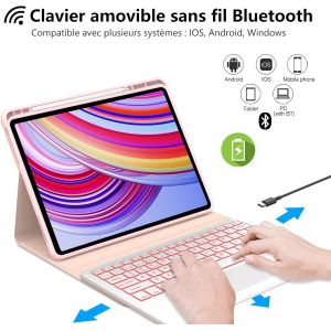 Clavier Redmi Pad Pro 12.1 2024/Xiaomi Poco Pad 2024, Clavier avec pavé Tactile éclairage 7 Couleurs, Keyboard AZERTY sans Fil Amovible pour Xiaomi Redmi Pro 12.1 2024, Rose - Neuf
