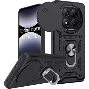 Mdy-Coque Anneau Pour Xiaomi Redmi Note 14 Pro 5g / Poco X7 5g Avec Lentille Coulissante Couverture, Étui Support 360 Rotatif Militaire Armor Antichoc Anti-Rayures, Noir - Neuf