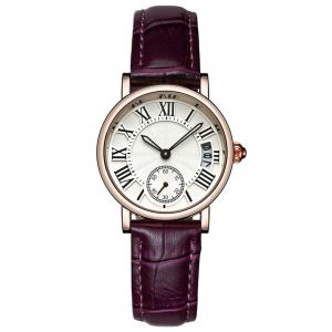 Montre-Bracelet Analogique Ronde A Quartz Sanda Pour Femme, Bracelet En Cuir, Avec Date, Style Classique (Bracelet Violet) - Neuf
