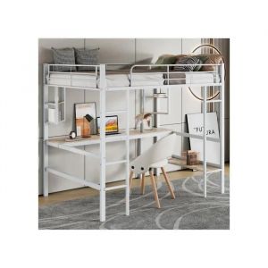 90x200cm Cadre De Lit Lit En M&eacute;tal, Lit Haut Avec Quatre Petites &Eacute;tag&egrave;res Et Une Grande Biblioth&egrave;que, Blanc - Neuf