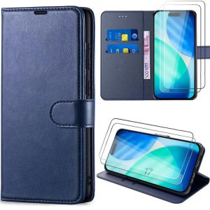 Coque + 2 Verres Trempés Pour Iphone 17, Flip Case Cuir Synthétique Antichoc Anti-Rayures Bleu Marine - Efconnection - Neuf