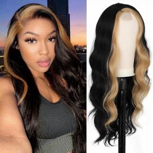 Femmes Long Ondulé Perruque Noir Mettre En Évidence Perruque Corps Ondulé Perruque En Dentelle Synthétique 28 Pouces Perruque Noire Avec Str Or - Neuf