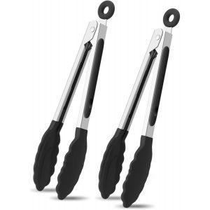 Pata-2pc Pince Cuisine Silicone,Pince De Cuisine,Pince Cuisine Inox,Pince Alimentaire,Pince Barbecue,Avec Poignée Silicone Résistante, Pour La Cuisson Au Barbecue,22 Cm Noir, Tyug9852 - Neuf