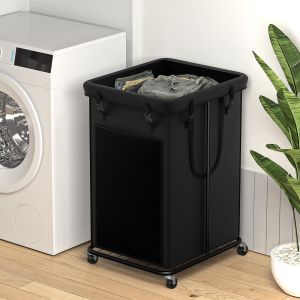 JEXNOVASHOP-Grand panier &agrave; linge de 150 l, panier &agrave; v&ecirc;tements, cadre en m&eacute;tal et poches amovibles, design avec roues, convient pour chambre &agrave; coucher, salle de bain, dortoir, buanderie (noir) - Neuf
