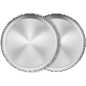 Checarzhn--No1-Lot De 2 Plats Ronds En Acier Inoxydable - Plateau Ovale - Plat À Viande - Plateau De Riz - Assiettes Ovales - Plat De Service Rond - Argenté - Neuf