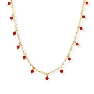 Collier Argent Dor&eacute; Petites Gouttes Perles Pierre Onyx Rouge - Neuf