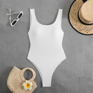 Maillot De Bain Une Pièce Côtelé Slim Dos Nu Pour Femme, Coupe Échancrée, Tailles S À Xl - Neuf