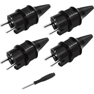 Fiches de Rechange Prises [4 Pack] &Eacute;lectriques Male Schuko Standard, 4 X Fiches Electrique de Contact de Mise &agrave; la Terre en Caoutchouc (250V/16A)+1 X Tournevis,IP44 &Eacute;tanche Prises D'alimentation,Noir - Neuf