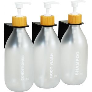 3 Pièces Distributeur de Savon Mural,500ml Distributeur Savon Douche avec Pompe en Bambou,Flacon Pompe Vide No Perçage pour Cuisine et Salle de Bain(Transparent,3 flacons + étagère) - Neuf