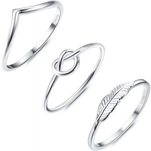 3 Pièces Bagues Argent Sterling 925 Bagues D'articulation Pour Femmes 18k Or Blanc Vague Amour Noeud Plume Bagues Ensemble De Bagues Empilables Pour Les Doigts De Pouce Pour Femmes Filles - Neuf