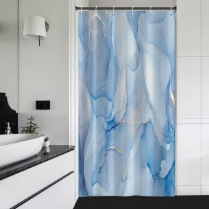SJZG-90X183Cm Rideau De Douche &Eacute;troit Marbre Bleu Clair Petite Demi-Taille Stalle Rideaux De Salle De Bain Demi-&Eacute;troit Camping-Car Rv D&eacute;cor De Salle De Bain Avec Crochets R&eacute;sistant &Agrave; L'Eau - Neuf