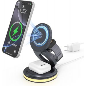 3-En-1 Station De Charge Pour Apple, 15W Pliable Chargeur Induction Iphone Sans Fil Avec Mag-Safe Pour Iphone 16-12 & 11-8, Airpods Pro 2/3/4, Pour Apple Watch 2-9 &Ultra/Se (30W Eu Plug) - Neuf