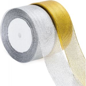 Kal-Ruban En Organza Dor&eacute; Et Argent&eacute; 40mm, 44m Paillettes Ruban Pour Emballage Cadeau, Ruban D&eacute;coratif Pour No&euml;l, Mariage, D'anniversaire, Emballage Cadeau, Travaux Manuels - Neuf