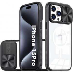 Magn&eacute;tique Coque Compatible Avec Iphone 15 Pro,Cache Camera Protection,&Eacute;tui Avec Cache Cam&eacute;ra Coulissante,Compos&eacute; D'un Dos En Pc Et D'un Cadre En Tpu-Noir - Neuf
