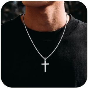 Kal-Collier Croix Homme Acier Inoxydable Argent Pendentif Bijoux Cadeaux Pour Hommes 16"-24" Croix Chretienne Chaine Homme - Neuf