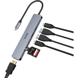 TTA-Hub USB C, Adaptateur USB C 7 en 1 avec HDMI 4K@30 Hz, USB C 3.0, 2 USB A 3.0, 100 W PD, 2 lecteurs de Cartes SD/TF Compatible avec MacBook, iPad, Surface Pro 8/7, Galaxy Tab - Neuf