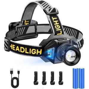 Lampe Frontale Led Rechargeable, Super Lumineuse, 120 000 Lumens, Avec 12 Modes, Capteur Et &Eacute;tanch&eacute;it&eacute; Ipx7, R&eacute;glable &Agrave; 90 &deg;, Pour Le Camping, La P&ecirc;che - Neuf