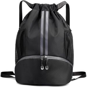 Sac &Agrave; Cordon De Sport, &Eacute;tanche Pliable Sac &Agrave; Dos &Agrave; Cordon, Avec Compartiment &Agrave; Chaussures Et Poches En Filet Pour Bouteille D'eau Pour Voyage Gym Plage Piscine - Noir - Neuf