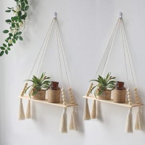 TIANYI-Lot de 2 &eacute;tag&egrave;re Murale Perles et Glands en Bois Etagere Bois Murale Boh&egrave;me Deco Macrame Mural Etagere Murale Enfant Etagere sans Percer pour Salon Chambre &agrave; Coucher Salle de Bain - Neuf