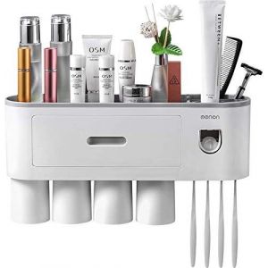 Distributeur automatique de dentifrice mural avec support pour brosse à dents, 4 emplacements pour brosse à dents, organiseur multifonction (4 gobelets) - Neuf