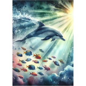 Ayuhr-Peinture Diamant Dauphins 30 X 40 Cm - Poissons - Peinture Diamant - Mer Coucher De Soleil - Animaux - Mosaïque - Peinture Diamant - Art - Broderie Au Point De Croix - Images Cadeau - - Neuf