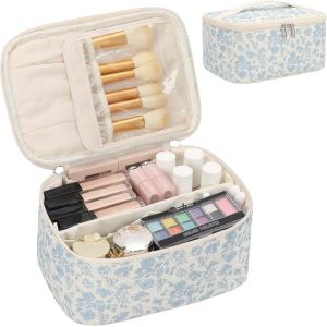 MAA-Trousse de maquillage, sac cosmétique portable, organisateur de maquillage de voyage de grande capacité, noir pour femmes sac de toilette pour filles voyageant avec poignée et séparateur, Imprimé - Neuf