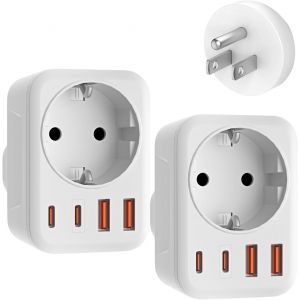 JGD-2 x prise adaptateur USA 5 en 1 prise US UE avec 1 AC 2 USB-C 2 USB-A (3,4 A), adaptateur de voyage 3750 W adaptateur am&eacute;ricain, adaptateur UE vers USA pour Am&eacute;rique Canada Tha&iuml;lande Mexique type - Neuf