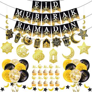 MEVRONISSHOP-Decoration Aid Moubarak , Pr&eacute;-install&eacute;s Ramadan Mubarak D&eacute;coration, Eid Mubarak Ramadan Banni&egrave;res, Aid Guirlande Ramadan Lanterne Etoile Lune, Eid Ballons Or Noir, Decoration Ramadan 202 - Neuf