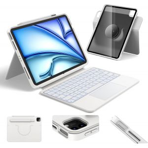 Clavier Rotative Pour Ipad Air 11 (M3/M2) 2025, Coque Magnétique Détachable Avec Clavier Pour Ipad Pro 11 (4E/3E/2E/1Re Gén) Et Air (7E/6E/5E/4E Gén), Avec Pavé Tactile, Rétroéclairage - Blanc - Neuf