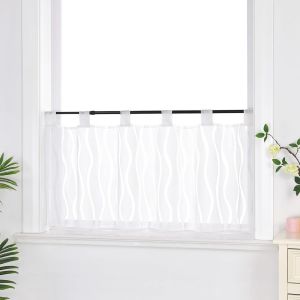 Rideau Brise Bise Rideaux Cuisine Voilge avec Passants Motif de Vagues Blanc HxL 60x90cm - Neuf