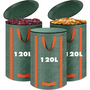 JEXNOVASHOP-Lot de 3 sacs à déchets de jardin de 120 l, solides, autoportants, avec couvercle et poignées, réutilisables, ramasse-feuilles verts, ramasse-feuilles pour coupe verte, tonte de gazon - Neuf
