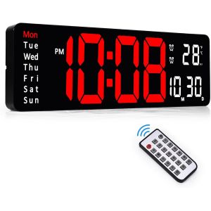 CHENG-Horloge murale num&eacute;rique, 33 cm, horloge murale num&eacute;rique avec t&eacute;l&eacute;commande/compte &agrave; rebours/gradation &agrave; 10 niveaux/double alarme/date/temp&eacute;rature pour la maison, la salle de sport, le bureau, - Neuf