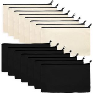 ChenQuanSarl-15 Pi&egrave;ces Trousse De Maquillage En Toile,Diy Toile Trousse De Rangement En Tissu Trousse Personnalisabl,Pochette Tissu,Trousses &Agrave; Crayons Vierge, Sac Zipp&eacute; En Toile(Beige Et Noir - Neuf