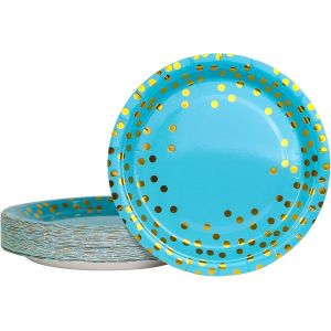 Kalanka-Lot De 50 Assiette Jetable Bleu Or 17,8 Cm, Kit Vaisselle Jetable Anniversaire Assiette Carton Pour Barbecue Anniversaire Ou Fête Baby Shower Mariages (Bleu Or) - Neuf