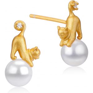 Kal-Boucles D'oreilles En Argent Sterling 925 Boucles D'oreilles Chat Boucles D'oreilles Asym&eacute;triques Cadeau De Bijoux En Perles Naturelles Pour Les Femmes Amoureuses Des Chats (Or) - Neuf